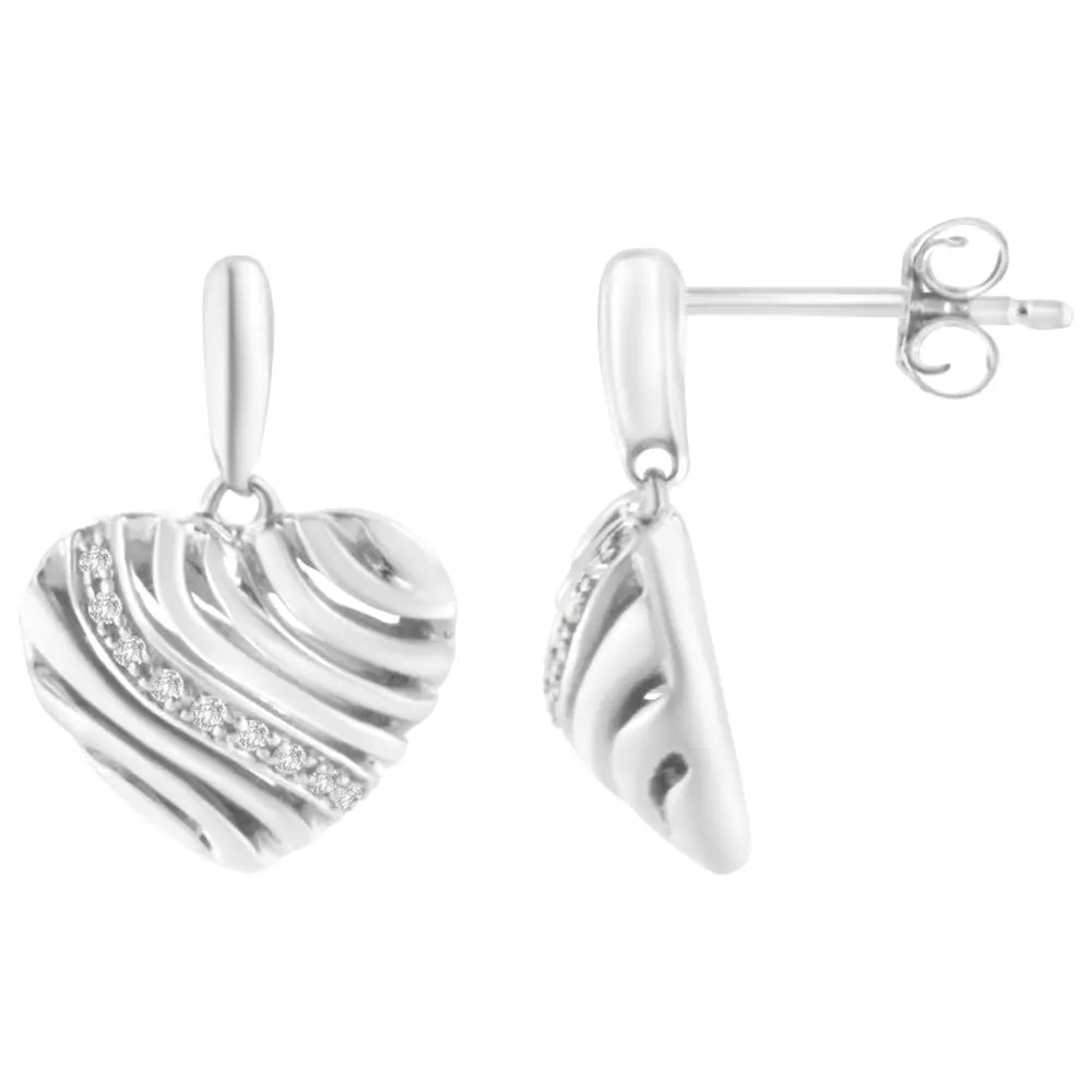 Exquisite Sterling Silver Heart Diamond Accent Puff Earrings