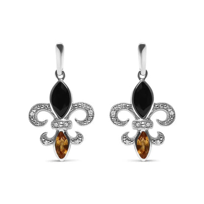 Exquisite Sterling Silver Marquise Cut Onyx Drop Stud Earrings