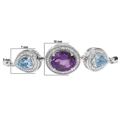 Exquisite Sterling Silver Oval Bolo Bracelet with Blue Topaz and Amethyst