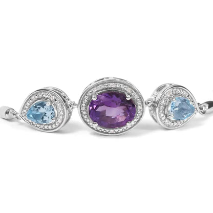 Exquisite Sterling Silver Oval Bolo Bracelet with Blue Topaz and Amethyst