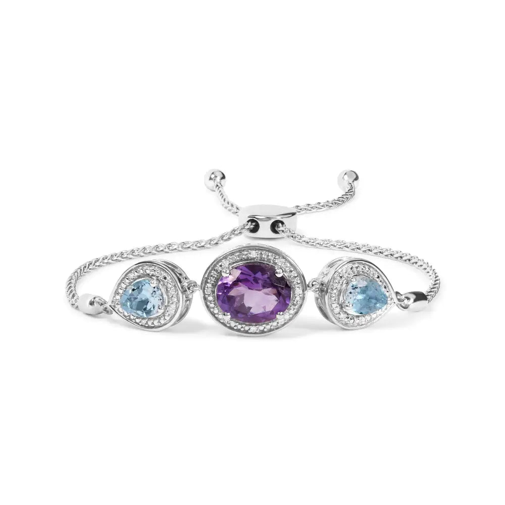 Exquisite Sterling Silver Oval Bolo Bracelet with Blue Topaz and Amethyst