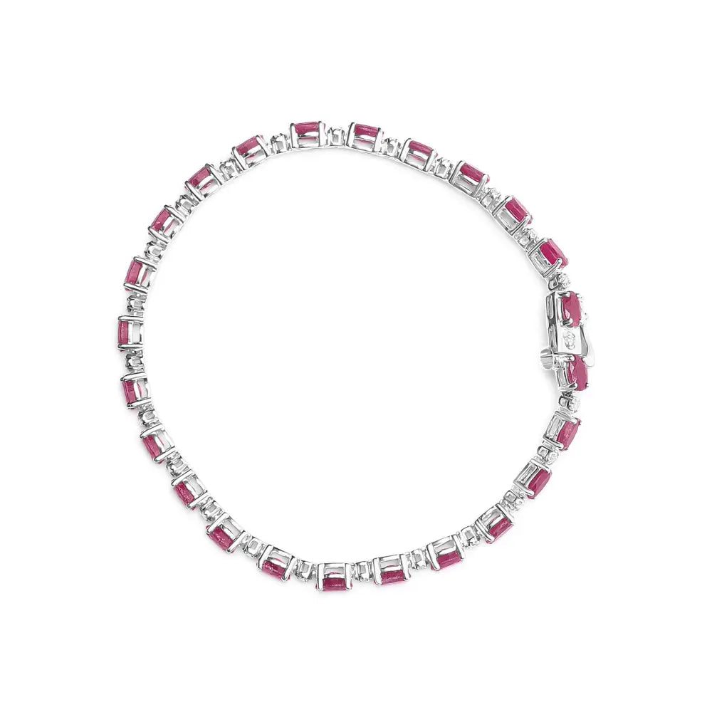 Exquisite Sterling Silver Oval Ruby and Diamond Link Bracelet