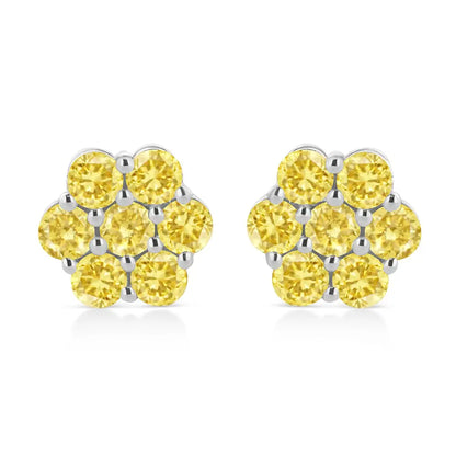 Exquisite Sterling Silver Prong Floral Cluster Studs with Treated Colored