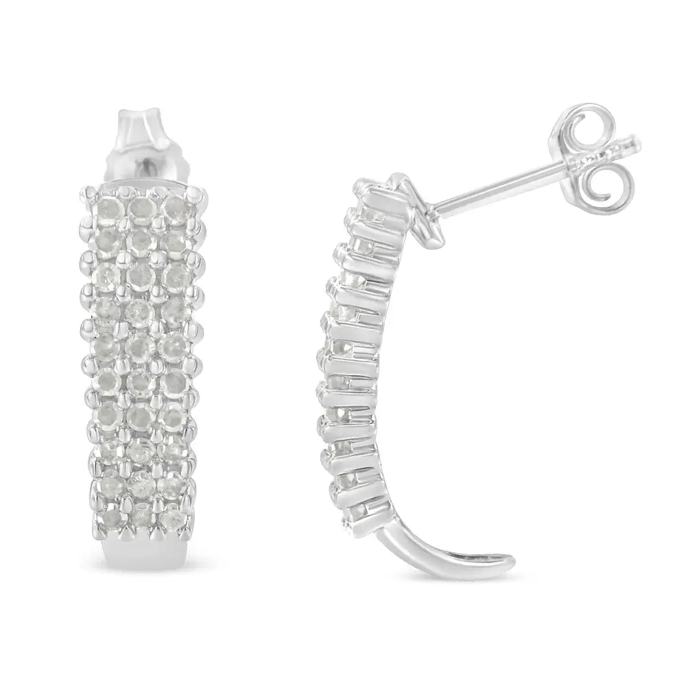 Exquisite Sterling Silver Rose Cut Diamond j Shape Hoop Earrings