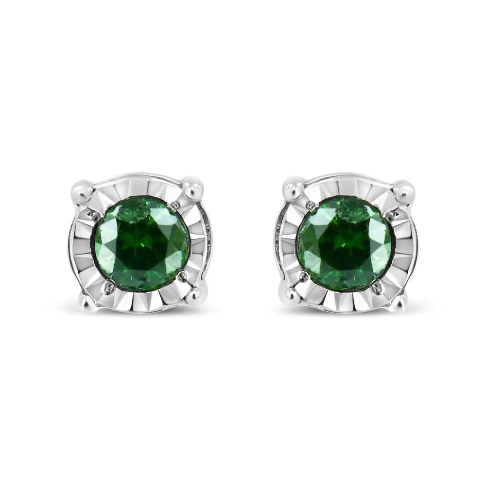 Exquisite Sterling Silver Rose Cut Treated Green Diamond Solitaire Earrings