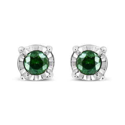 Exquisite Sterling Silver Rose Cut Treated Green Diamond Solitaire Earrings