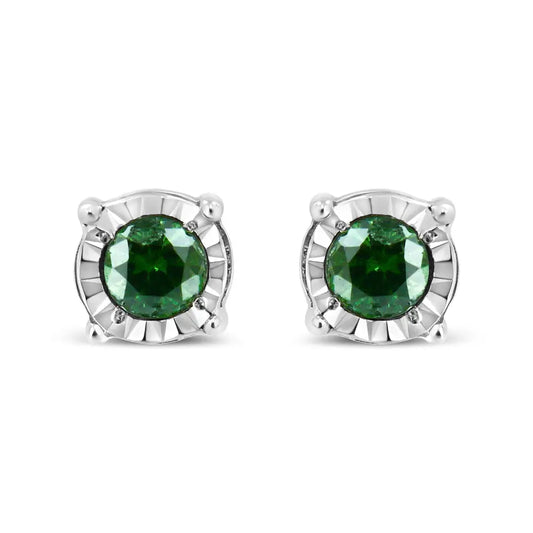 Exquisite Sterling Silver Rose Cut Treated Green Diamond Solitaire Earrings