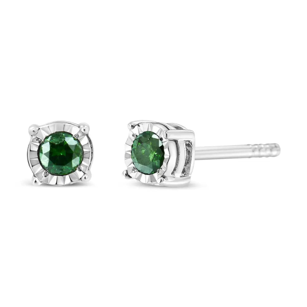 Exquisite Sterling Silver Rose Cut Treated Green Diamond Solitaire Earrings