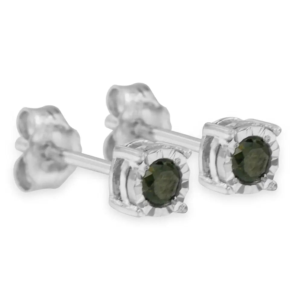 Exquisite Sterling Silver Rose Cut Treated Green Diamond Solitaire Earrings