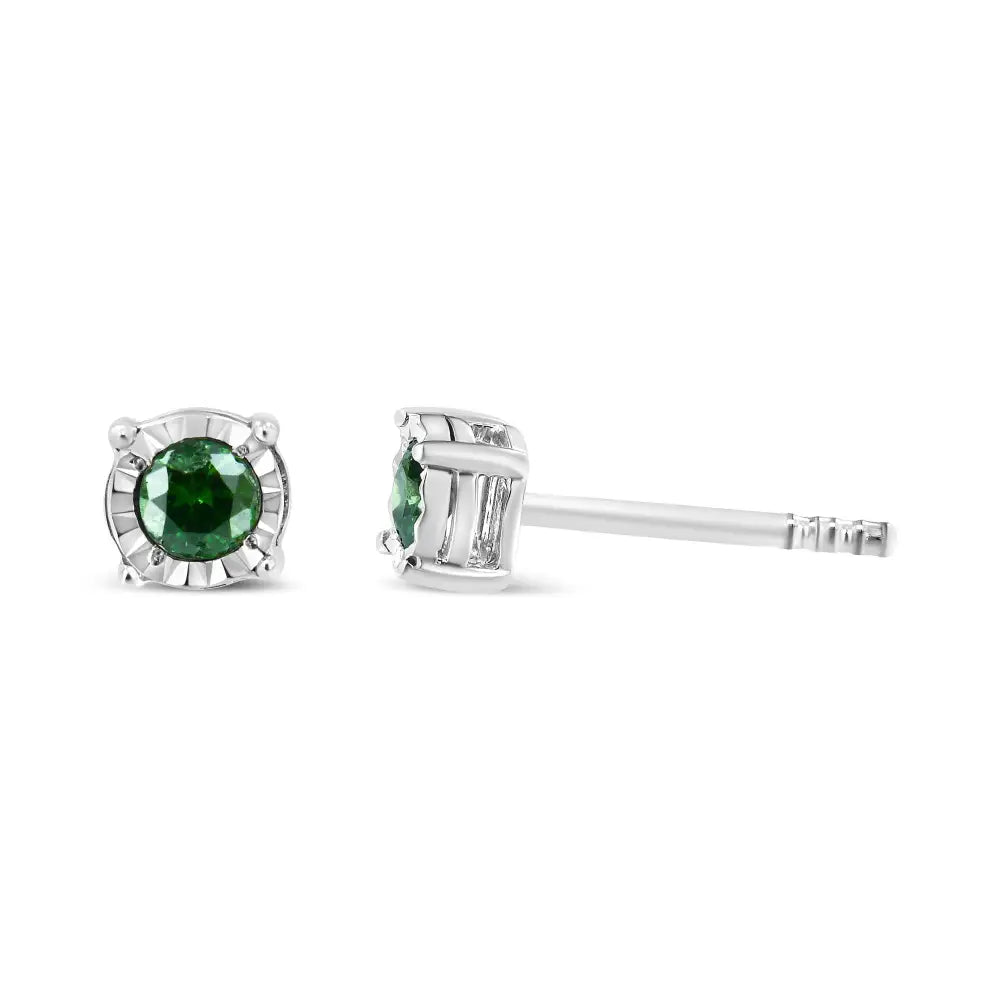 Exquisite Sterling Silver Rose Cut Treated Green Diamond Solitaire Earrings