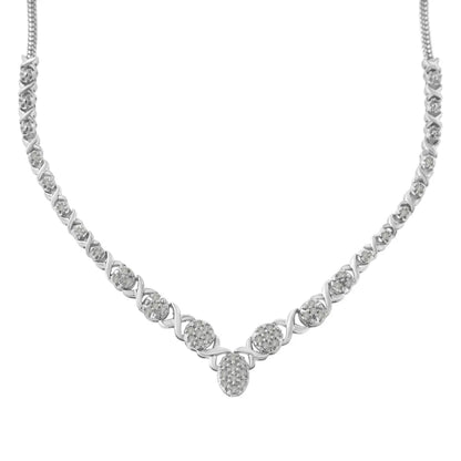 Breathtaking Sterling Silver Round Diamond Graduated Cluster Necklace