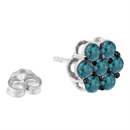 Exquisite Sterling Silver Treated Blue Diamond Floral Stud Earrings