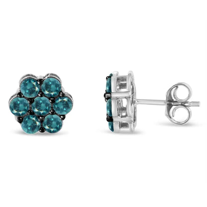 Exquisite Sterling Silver Treated Blue Diamond Floral Stud Earrings