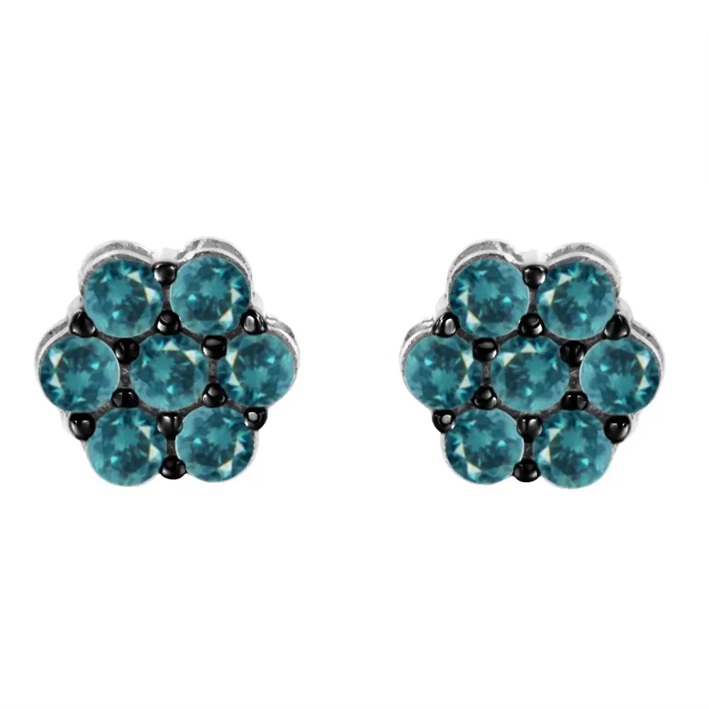 Exquisite Sterling Silver Treated Blue Diamond Floral Stud Earrings