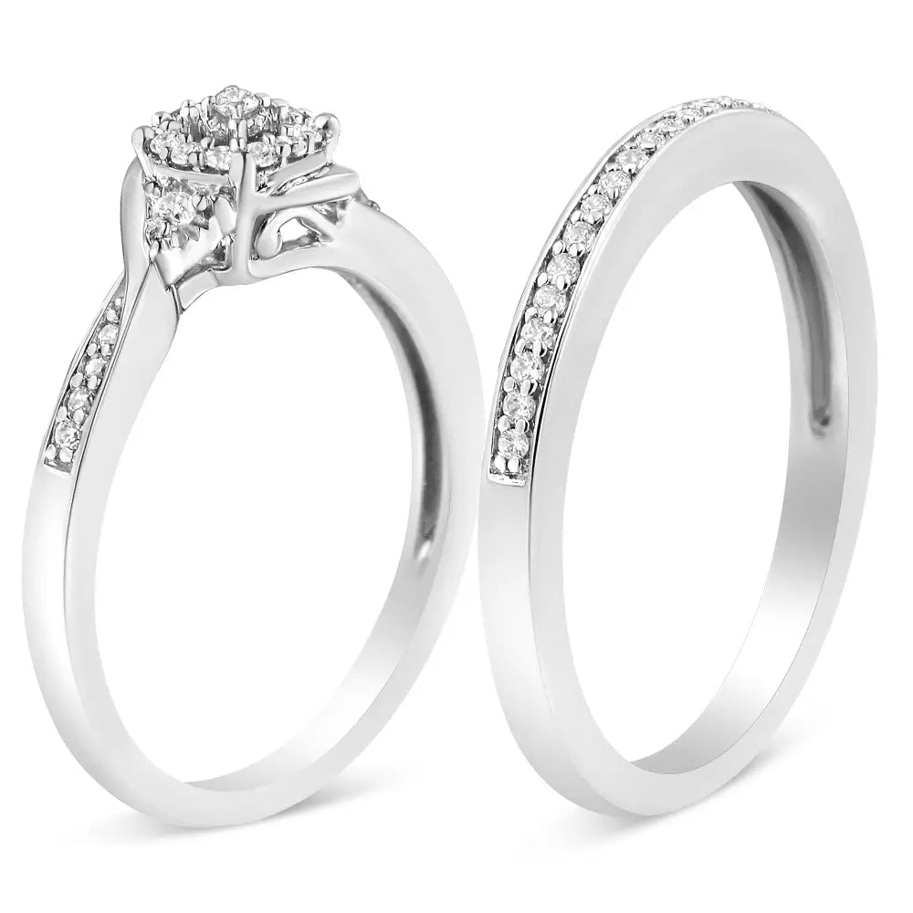 Exquisite Swirl Engagement Ring and Diamond Halo Wedding Band Set