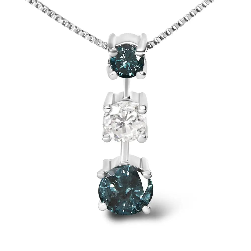 Exquisite Treated Blue and White Diamond 3-stone Pendant Necklace