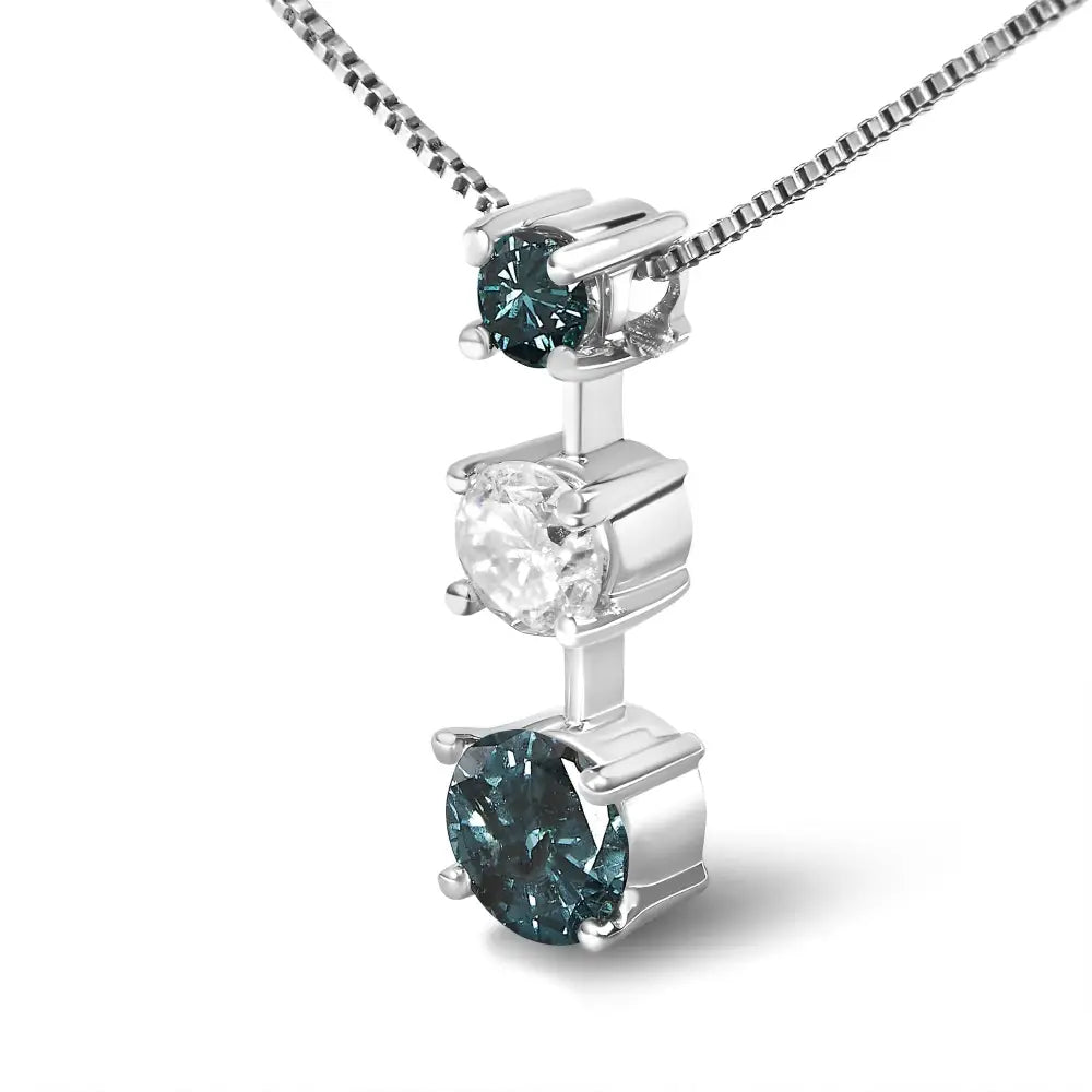 Exquisite Treated Blue and White Diamond 3-stone Pendant Necklace