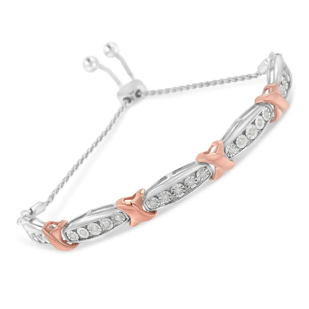 Exquisite Two Tone Rose Gold Sterling Silver Bolo Bracelet with Diamonds