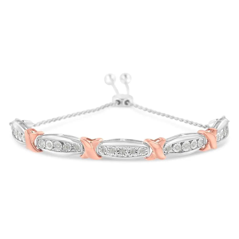 Exquisite Two Tone Rose Gold Sterling Silver Bolo Bracelet with Diamonds