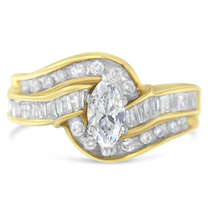 Exquisite Two-toned Gold Marquise Diamond Bypass Ring with Round Cuts - 7