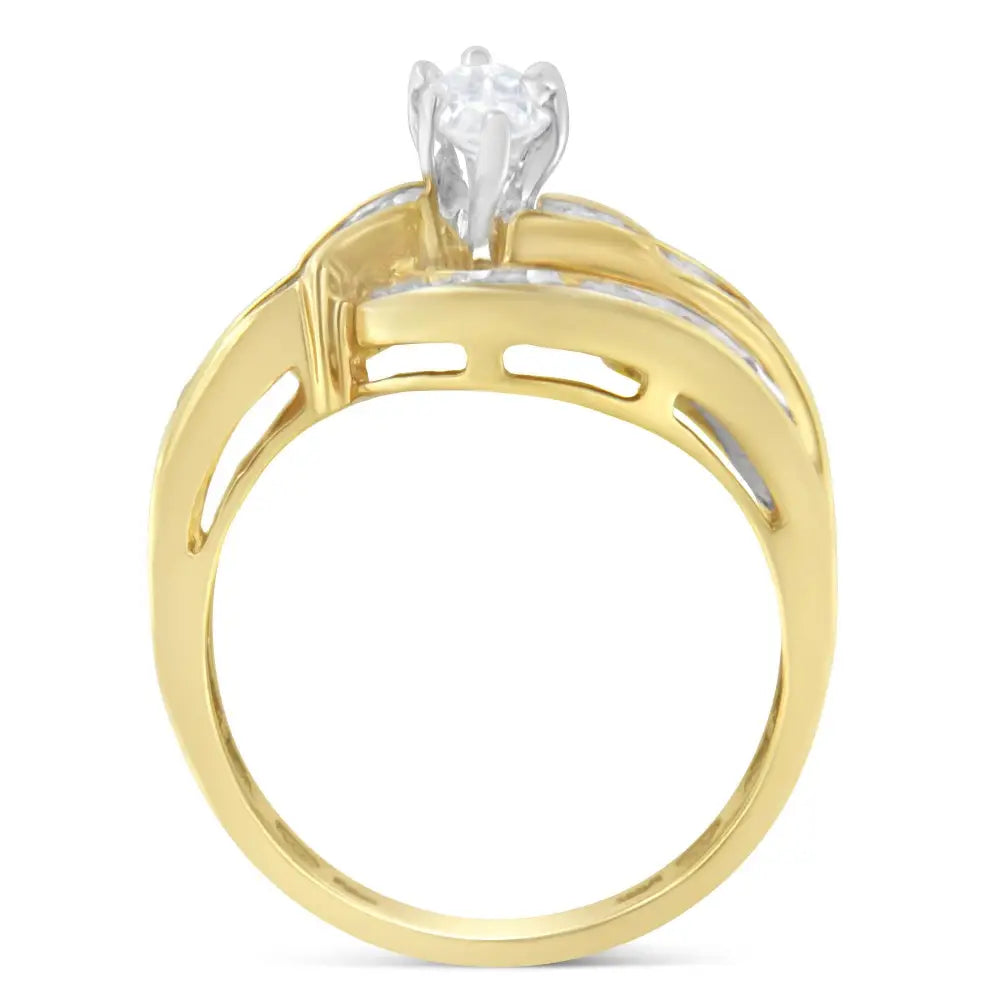 Exquisite Two-toned Gold Marquise Diamond Bypass Ring with Round Cuts - 7