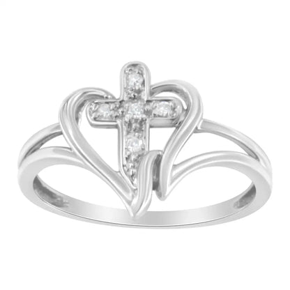 10k White Gold Diamond Cross & Open Heart Fashion Ring - Timeless Elegance - 6