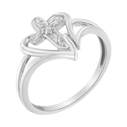 10k White Gold Diamond Cross & Open Heart Fashion Ring - Timeless Elegance - 8