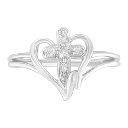 10k White Gold Diamond Cross & Open Heart Fashion Ring - Timeless Elegance - 7