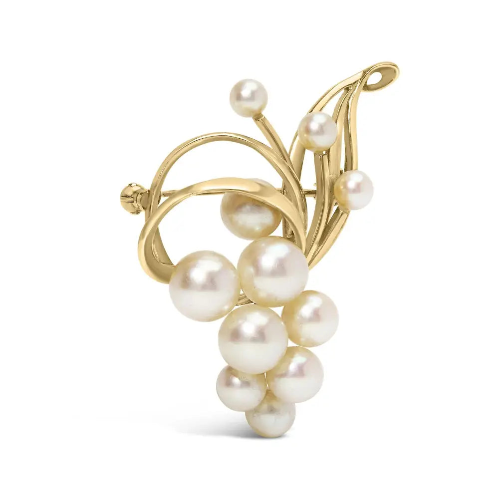 Exquisite Yellow Gold Akoya Pearl Cluster Swirl Brooch Pin - Brooches