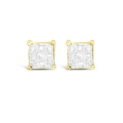 Exquisite Yellow Gold Princess-cut Composite 18-stone Diamond Earrings