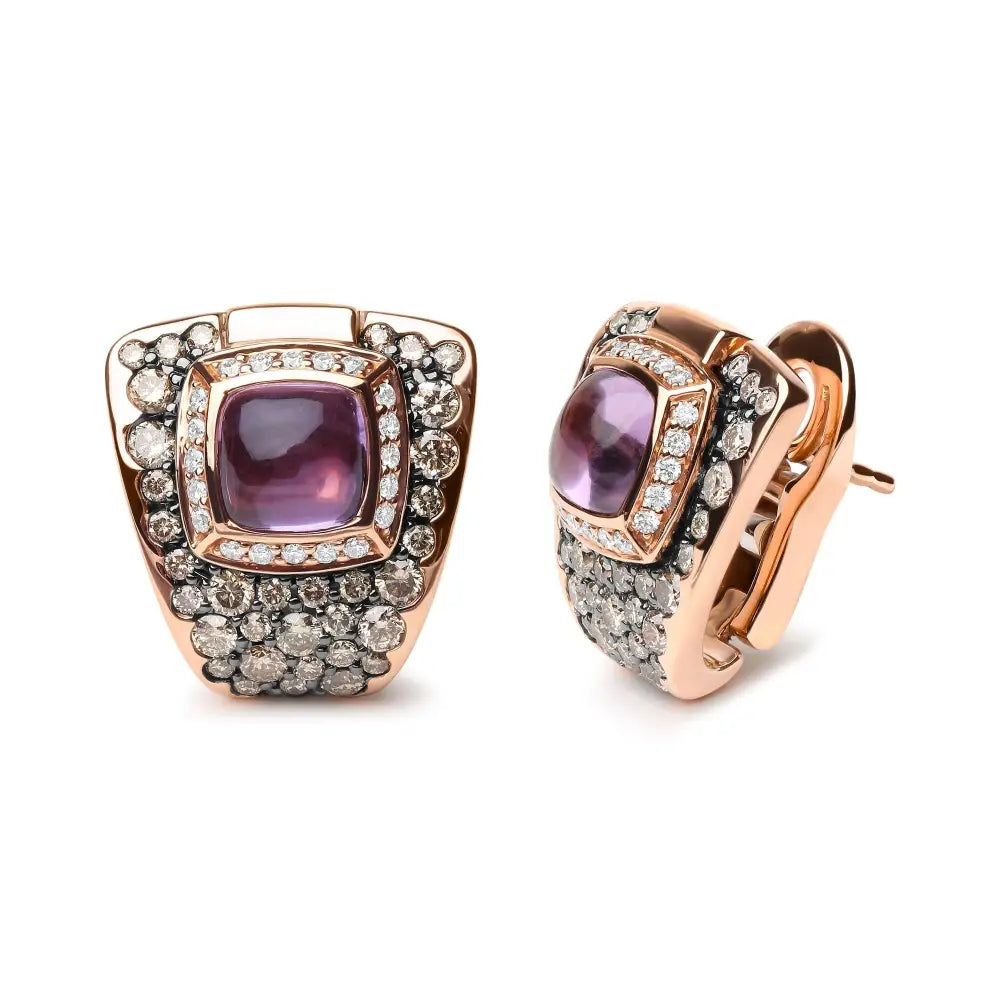 Geometrical 18k Rose Gold and Purple Amethyst Gemstone Stud Earrings