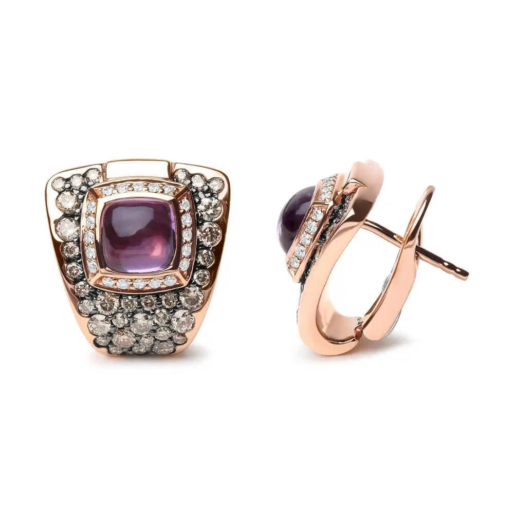 Geometrical 18k Rose Gold and Purple Amethyst Gemstone Stud Earrings