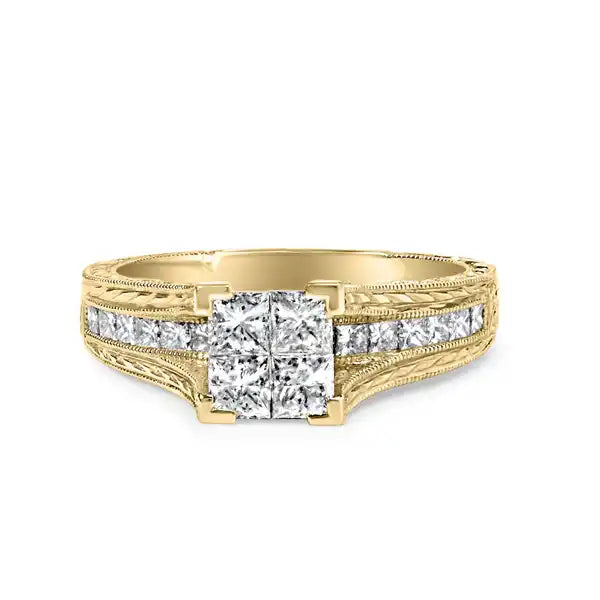 Gold engagement ring with a square diamond center and channel-set side stones.