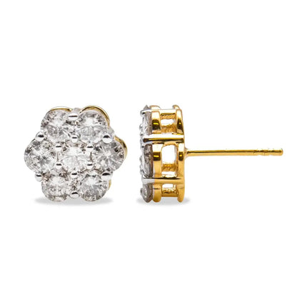 Luxurious 10k Yellow Gold Plated Floral Cluster Diamond Stud Earrings