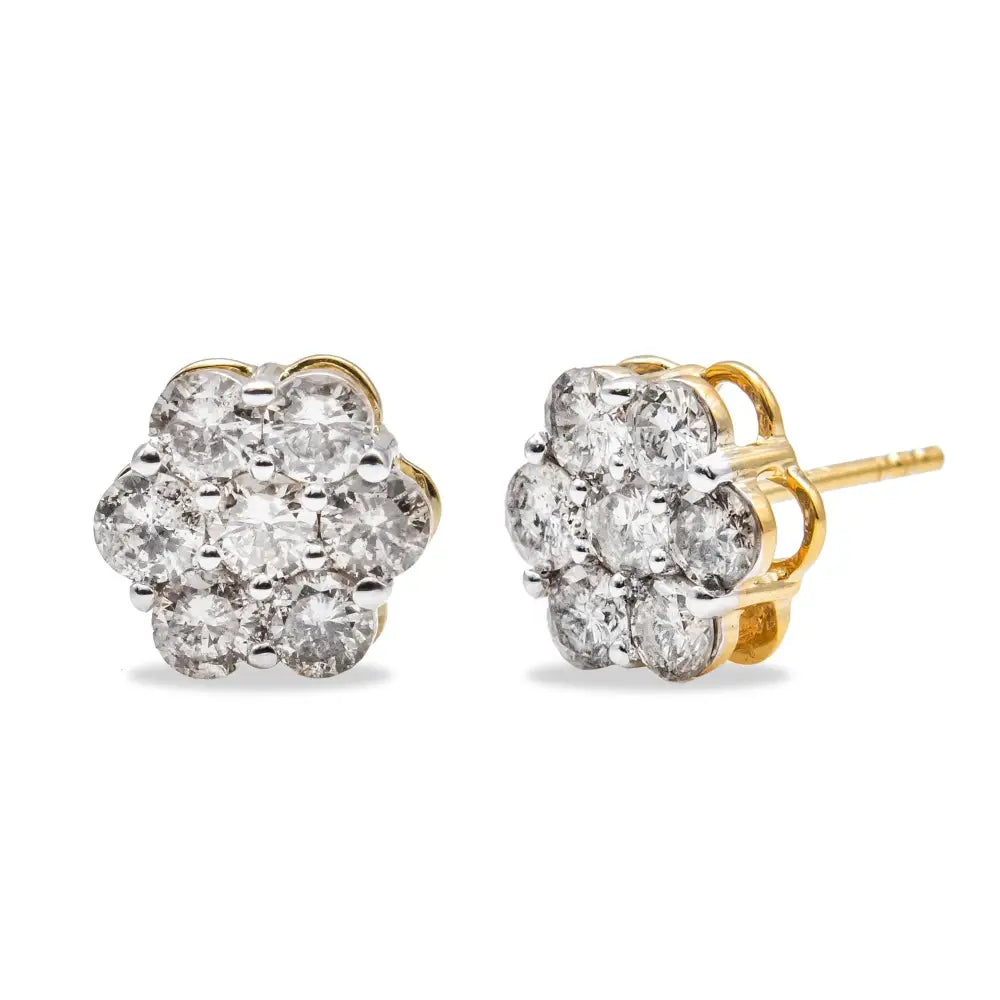 Luxurious 10k Yellow Gold Plated Floral Cluster Diamond Stud Earrings