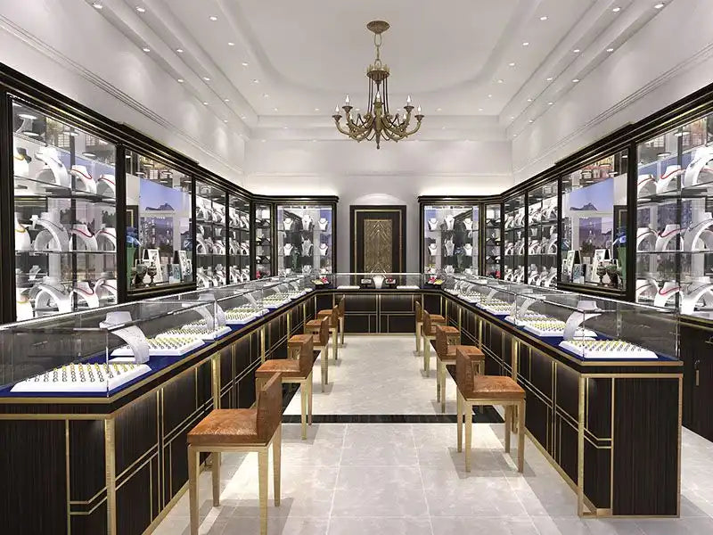 Luxurious jewelry store interior with glass display cases and elegant chandelier