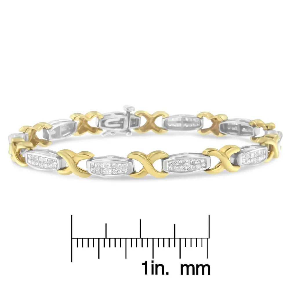 Luxurious Two-tone 14k Yellow Gold Princess-cut Diamond Tennis Bracelet