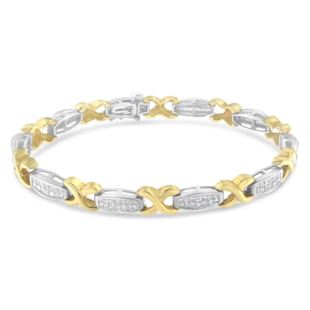 Luxurious Two-tone 14k Yellow Gold Princess-cut Diamond Tennis Bracelet