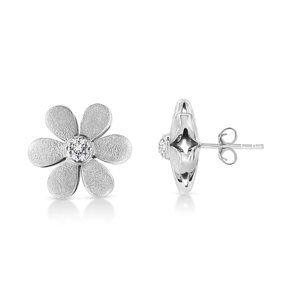 Matte Finished.925 Sterling Silver Diamond Accent Flower Hoop Stud Earring (i-j Color I1-i2 Clarity) - Fine Jewelry