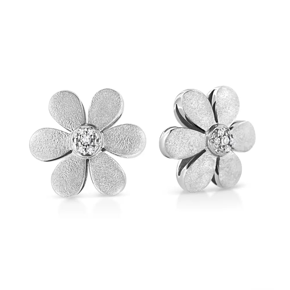 Matte Finished.925 Sterling Silver Diamond Accent Flower Hoop Stud Earring (i-j Color I1-i2 Clarity) - Fine Jewelry