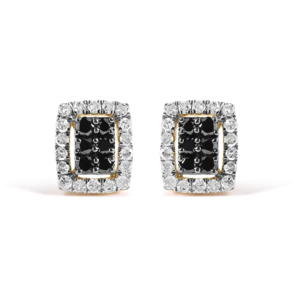 Men’s 10k Yellow Gold 1.00 Cttw White and Black Diamond Emerald Shape Halo Stud Earring (black / I-j Color I2-i3