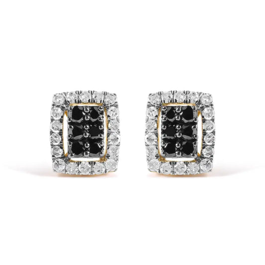 Men’s 10k Yellow Gold 1.00 Cttw White and Black Diamond Emerald Shape Halo Stud Earring (black / I-j Color I2-i3