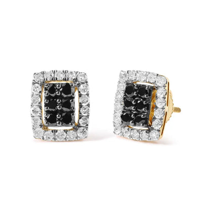 Men’s 10k Yellow Gold 1.00 Cttw White and Black Diamond Emerald Shape Halo Stud Earring (black / I-j Color I2-i3