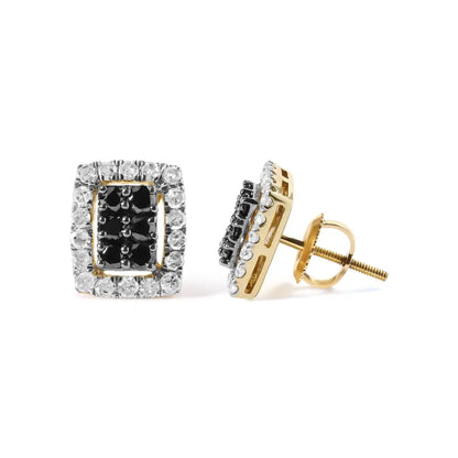 Men’s 10k Yellow Gold 1.00 Cttw White and Black Diamond Emerald Shape Halo Stud Earring (black / I-j Color I2-i3