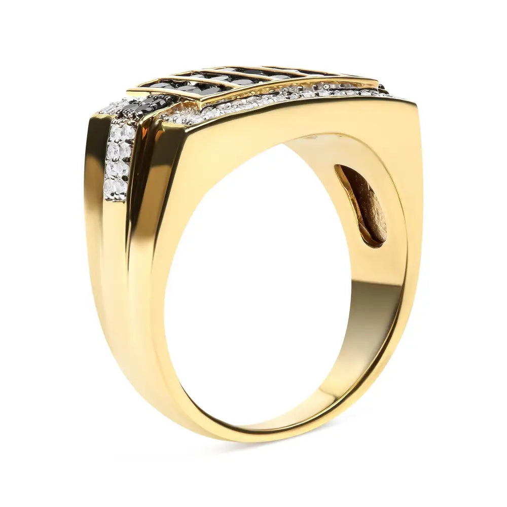 Men’s 10k Yellow Gold 1.00 Cttw White and Black Treated Diamond Cluster Ring (black / I-j Color I2-i3 Clarity) - Fine