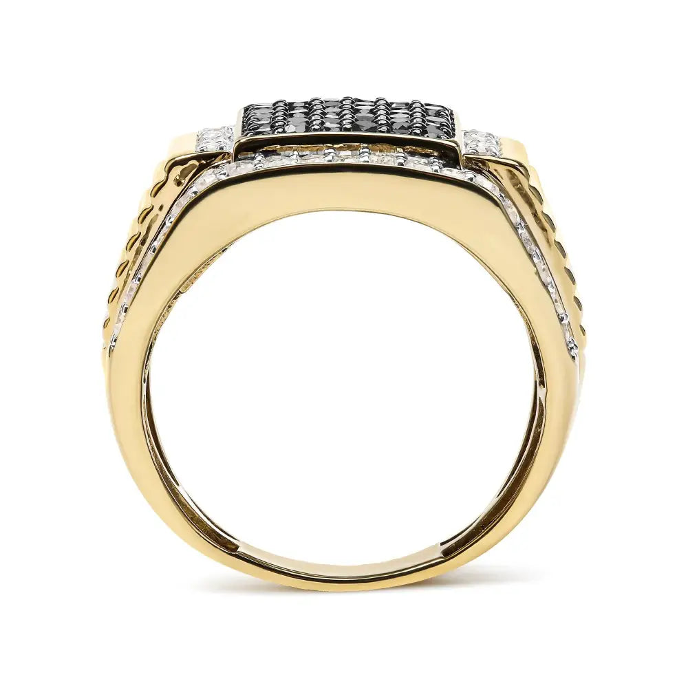 Men’s 10k Yellow Gold 1 1/2 Cttw White and Black Treated Diamond Cluster Ring (black / I-j Color I2-i3 Clarity)