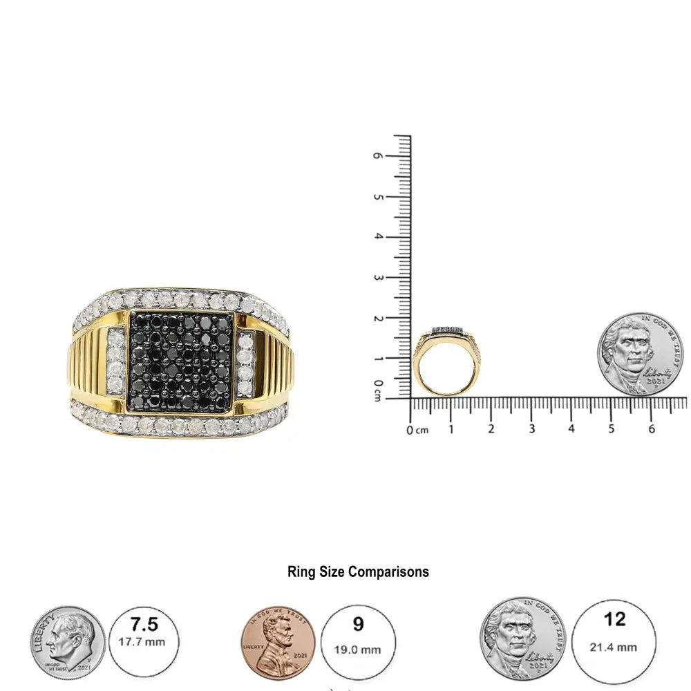 Men’s 10k Yellow Gold 1 1/2 Cttw White and Black Treated Diamond Cluster Ring (black / I-j Color I2-i3 Clarity)