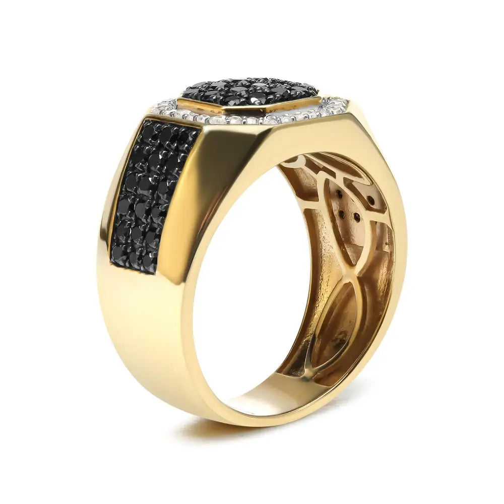 Men’s 10k Yellow Gold 1 1/4 Cttw White and Treated Black Diamond Octagonal Halo Band Ring (i-j Color I2-i3 Clarity)