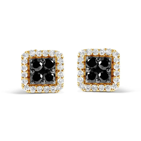 Men’s 10k Yellow Gold 5/8 Cttw White and Black Treated Diamond Composite with Halo Stud Earring (black / I-j I2-i3