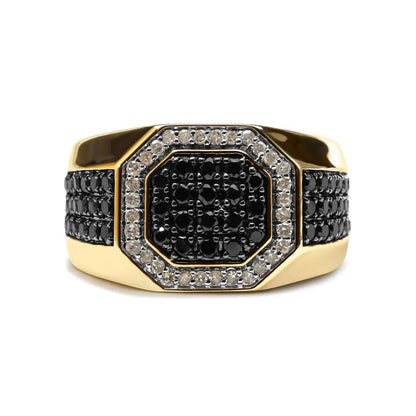 Men’s 14k Yellow Gold Plated.925 Sterling Silver 1 1/4 Cttw White and Black Diamond Signet Style Band Ring (black